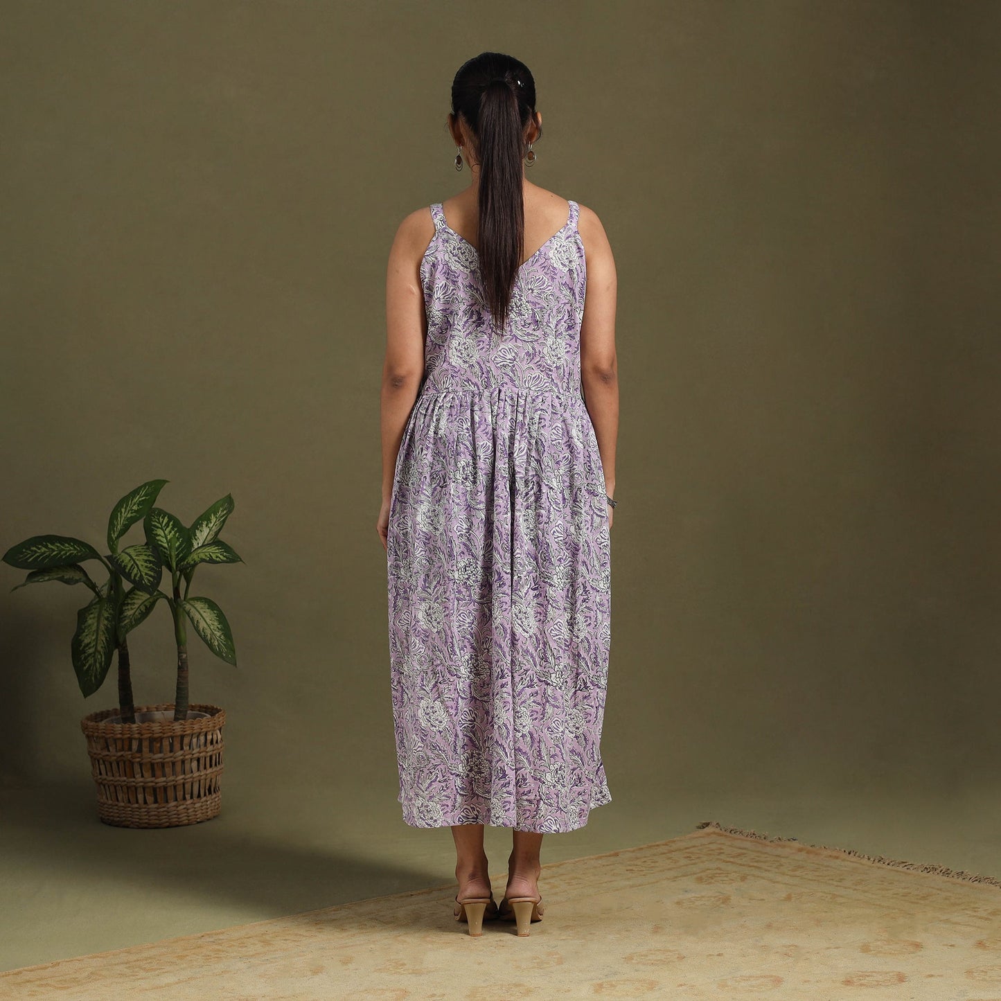 Purple Block Print Cotton Flared Sanganeri Dress