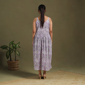 Purple Block Print Cotton Flared Sanganeri Dress