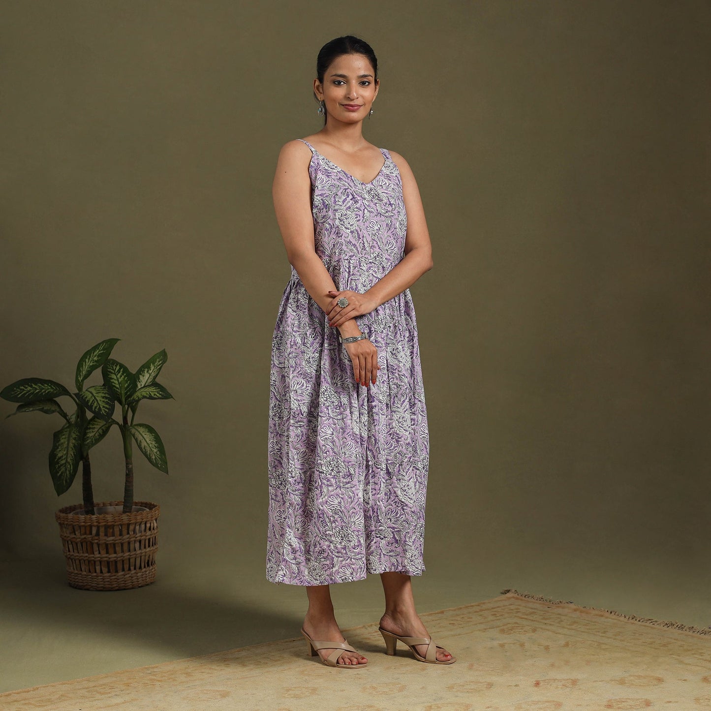 Purple Block Print Cotton Flared Sanganeri Dress