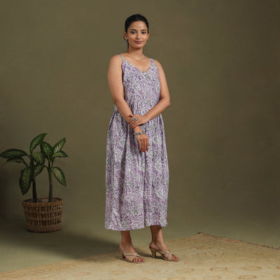 Purple Block Print Cotton Flared Sanganeri Dress