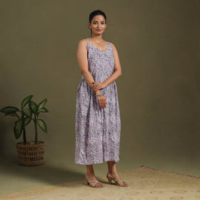 Purple Block Print Cotton Flared Sanganeri Dress