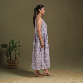 Purple Block Print Cotton Flared Sanganeri Dress
