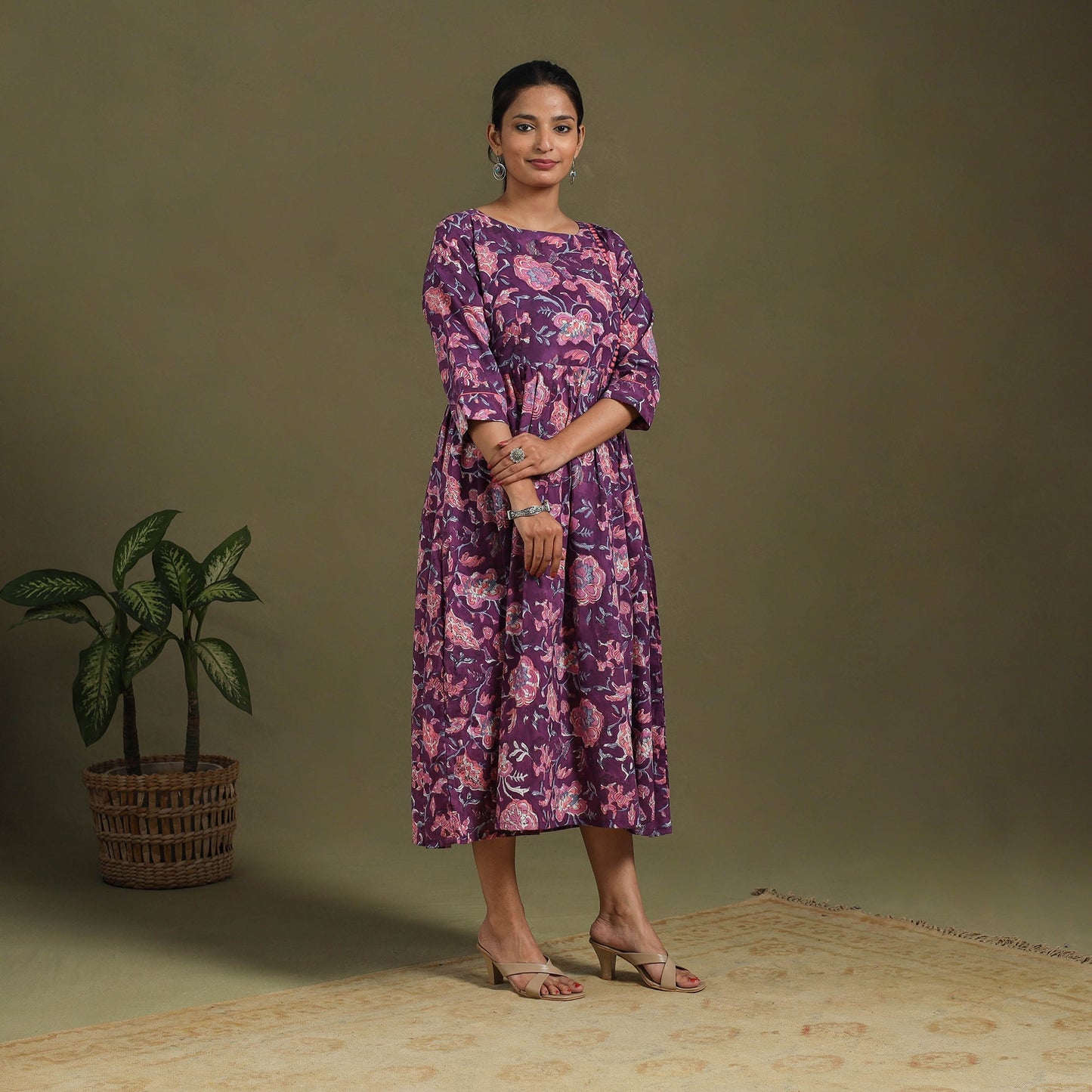 Purple Block Print Cotton Flared Sanganeri Dress