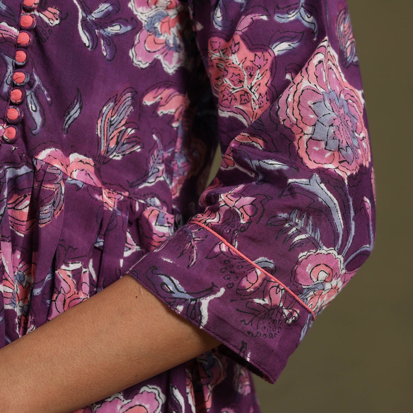 Purple Block Print Cotton Flared Sanganeri Dress