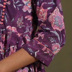 Purple Block Print Cotton Flared Sanganeri Dress