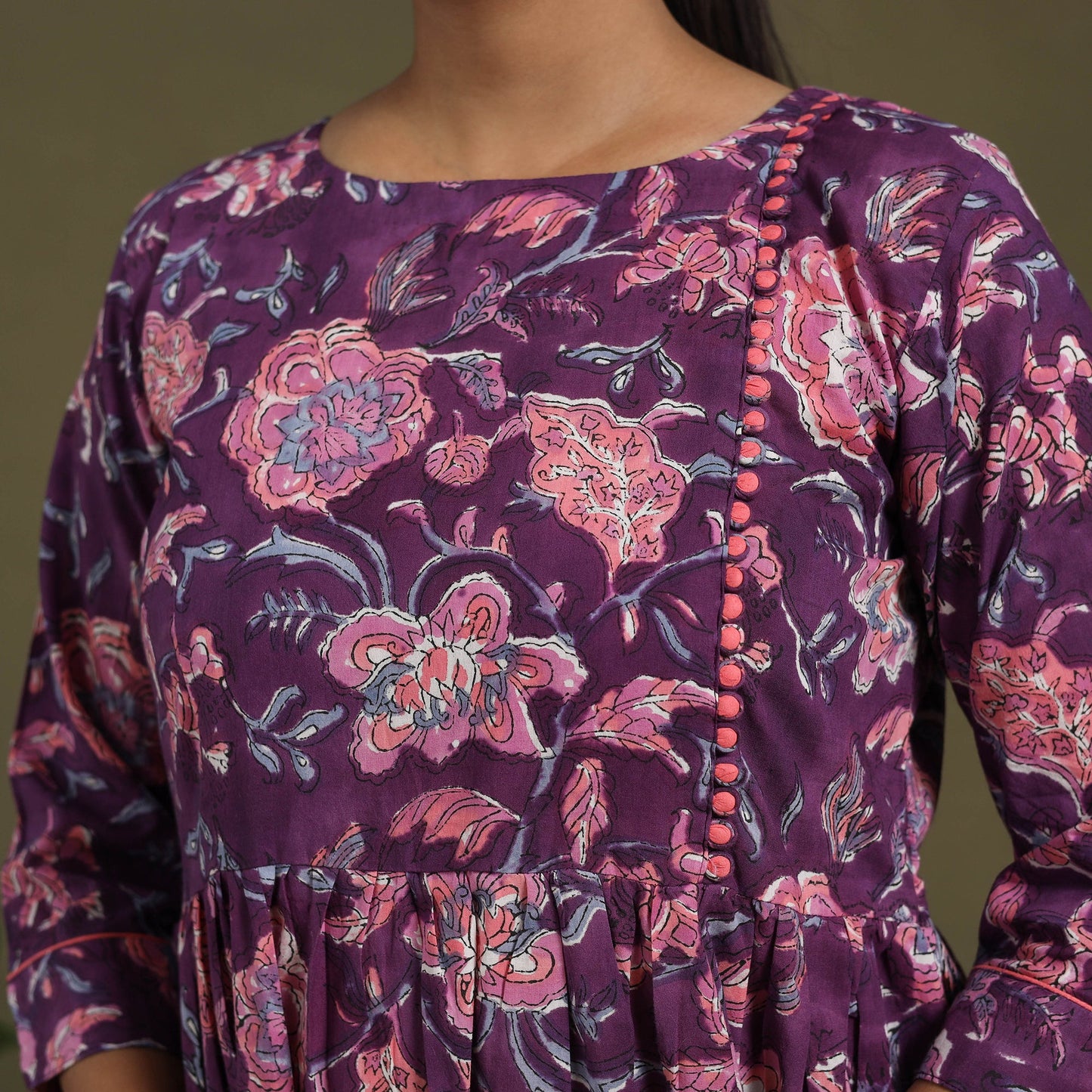 Purple Block Print Cotton Flared Sanganeri Dress