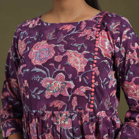 Purple Block Print Cotton Flared Sanganeri Dress