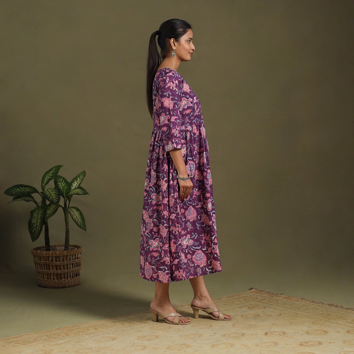 Purple Block Print Cotton Flared Sanganeri Dress