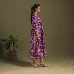 Purple Block Print Cotton Flared Sanganeri Dress