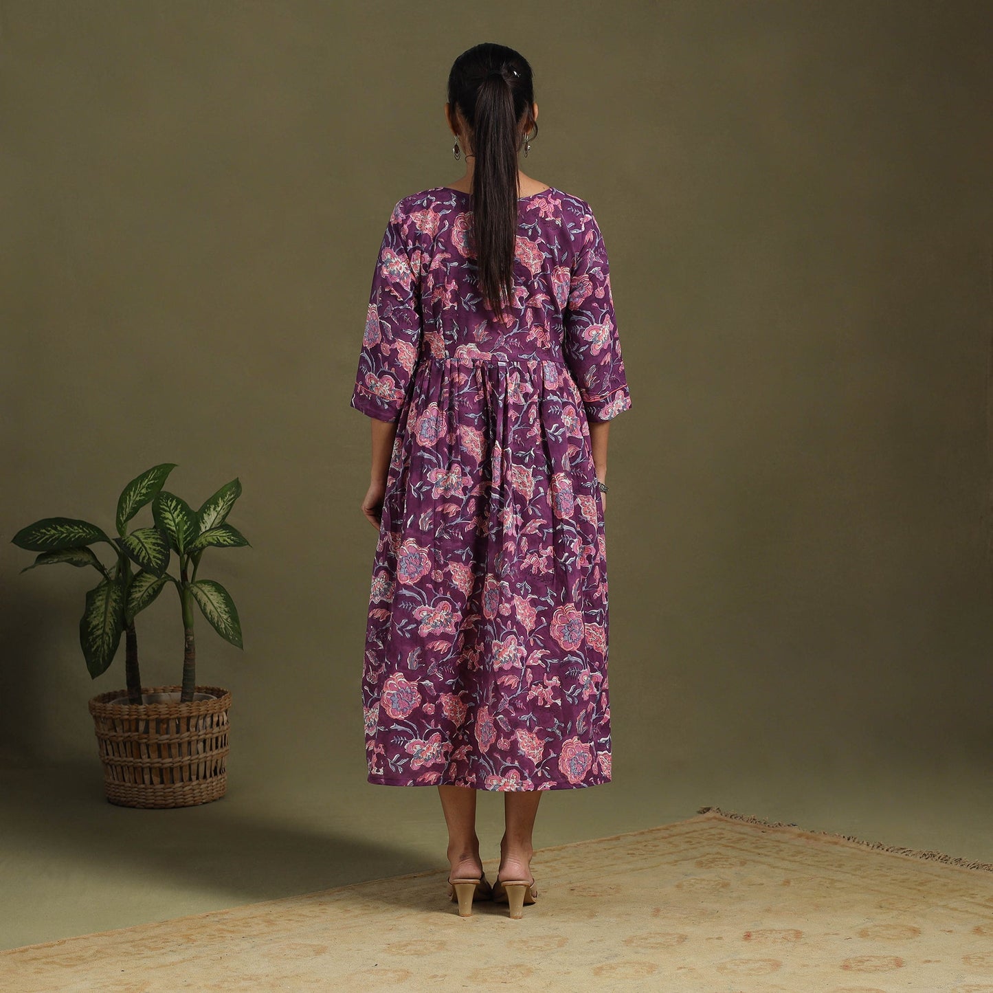 Purple Block Print Cotton Flared Sanganeri Dress