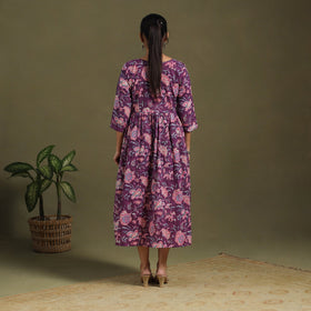 Purple Block Print Cotton Flared Sanganeri Dress