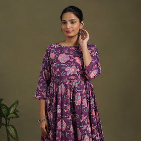 Purple Block Print Cotton Flared Sanganeri Dress
