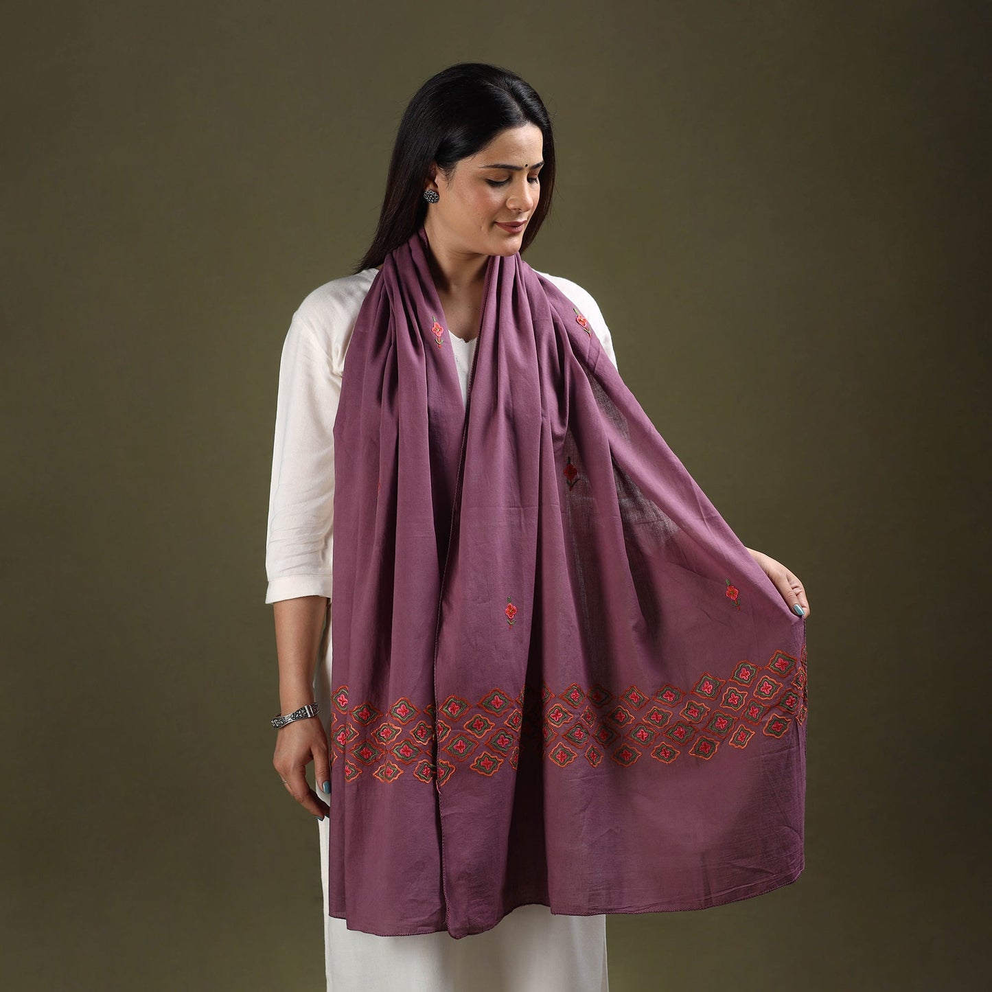 Buy Purple Cotton Kashida Embroidery Stole