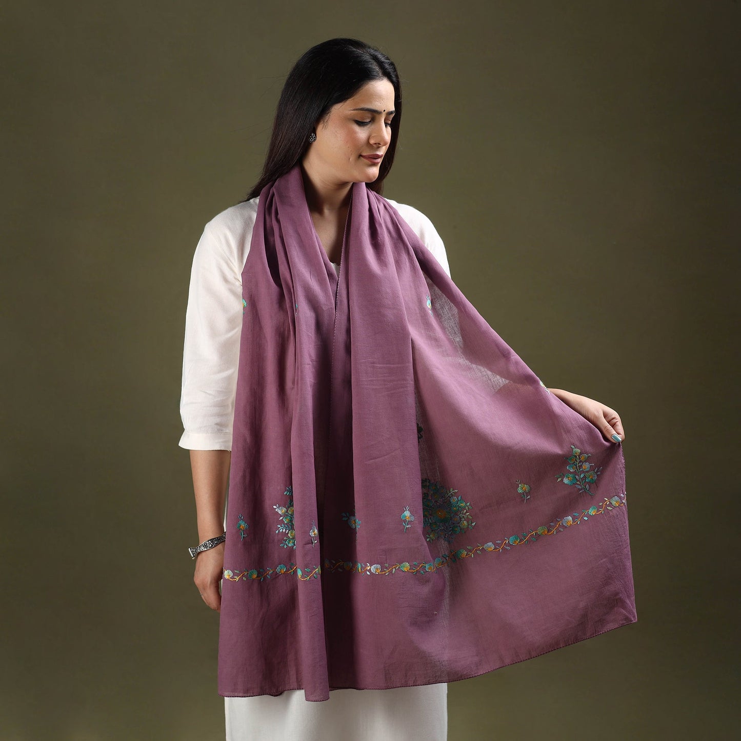 Purple - cotton kashida embroidery stole 25 - handcrafted