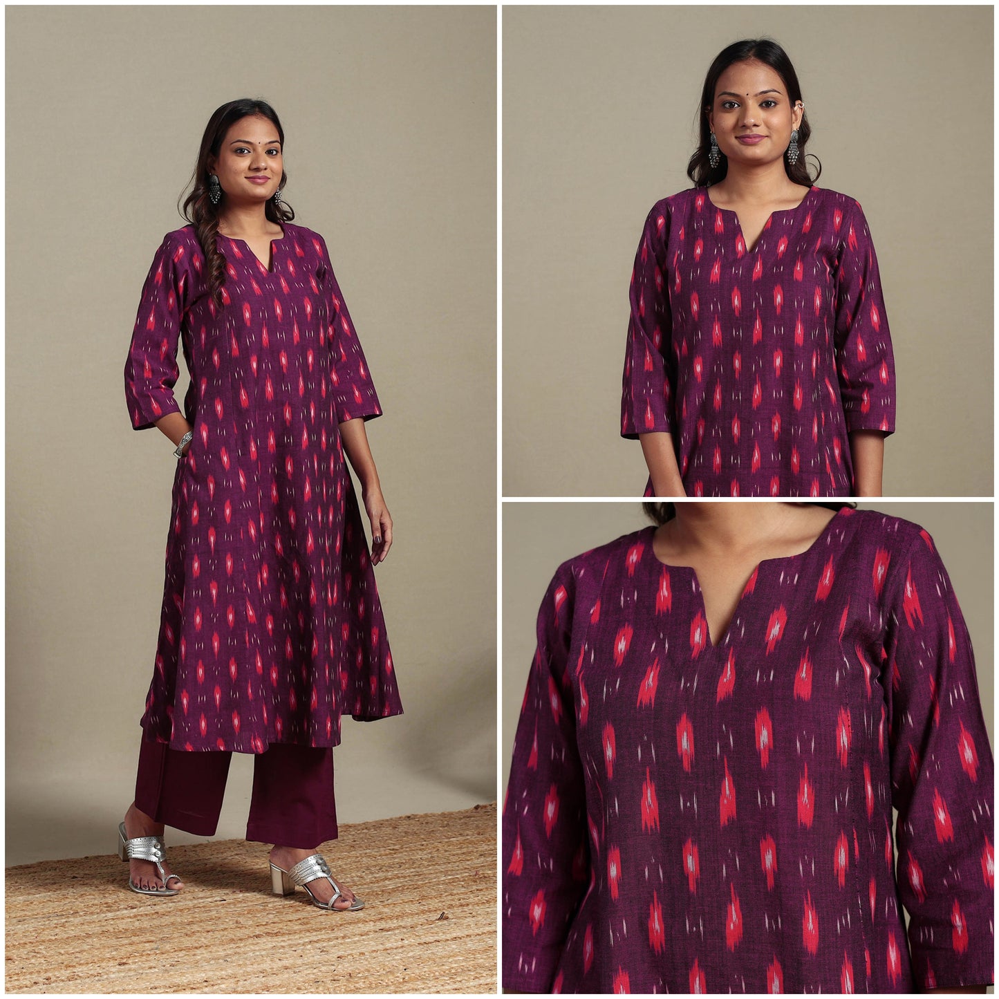 Purple - cotton a-line pochampally ikat kurta 03