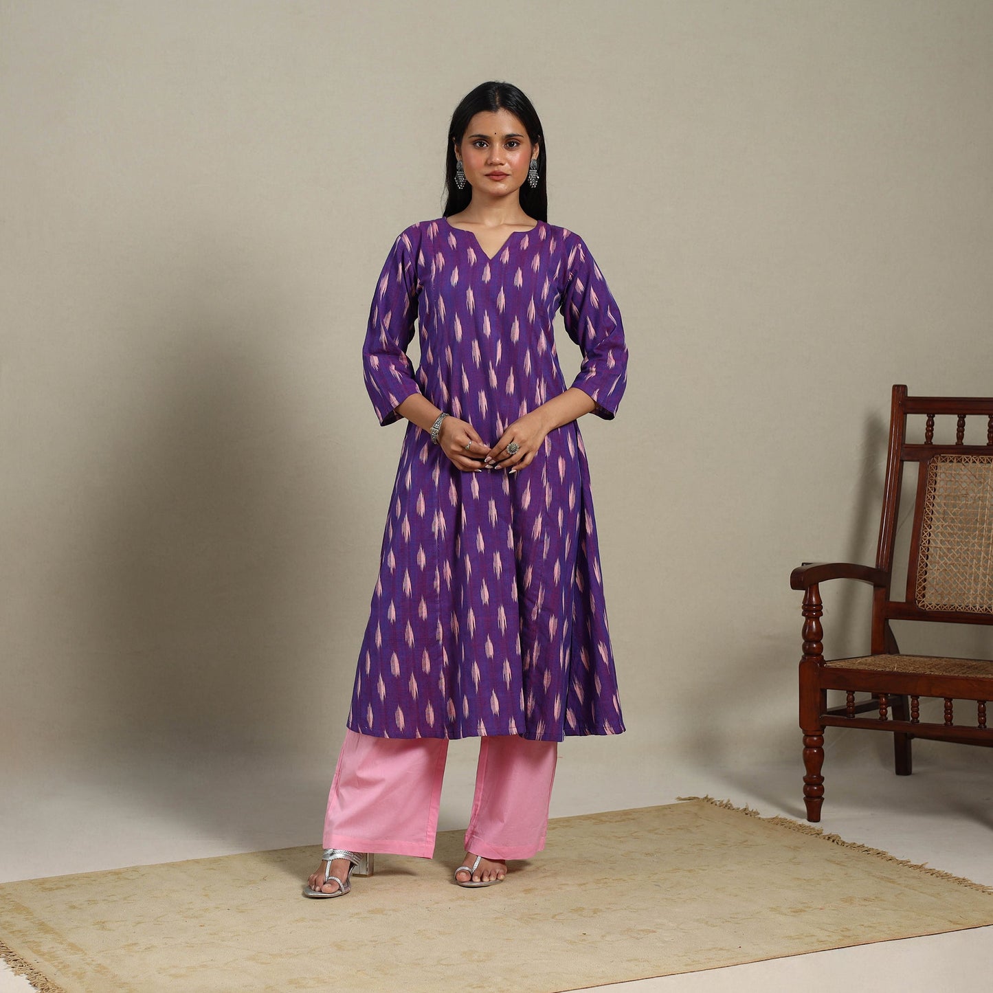 Purple - cotton a-line pochampally ikat kurta 13