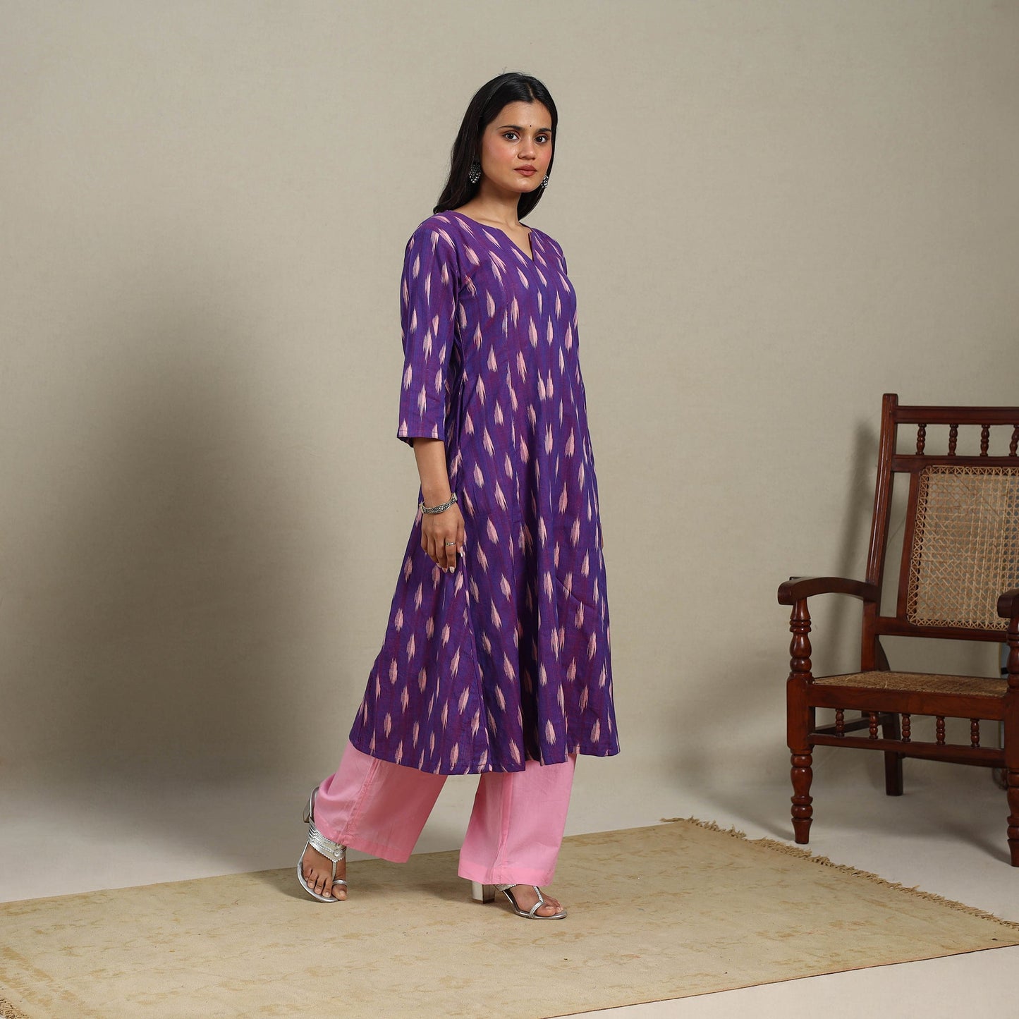 Purple - cotton a-line pochampally ikat kurta 13