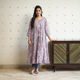 Purple Block Print Cotton A-Line Sanganeri Kurta for Women