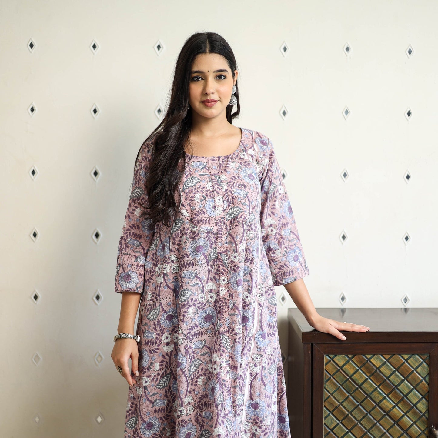 Purple Block Print Cotton A-Line Sanganeri Kurta for Women