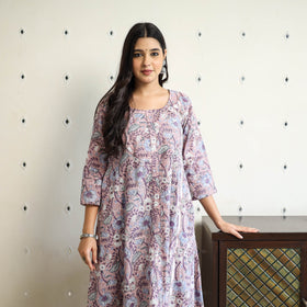 Purple Block Print Cotton A-Line Sanganeri Kurta for Women