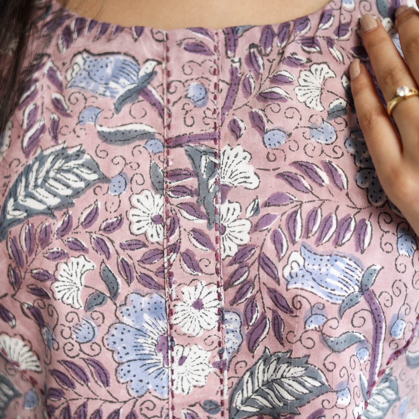 Purple Block Print Cotton A-Line Sanganeri Kurta for Women