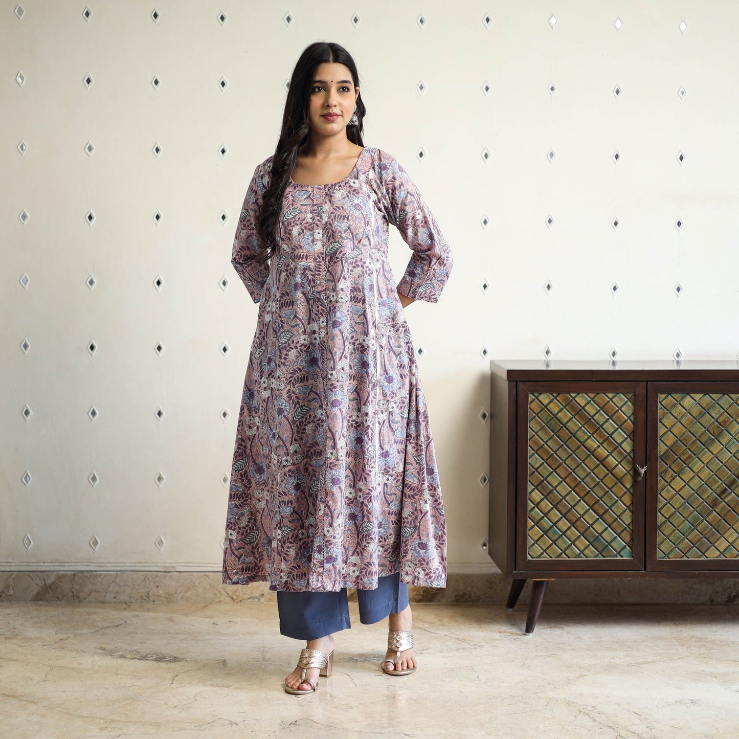 Purple Block Print Cotton A-Line Sanganeri Kurta for Women