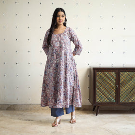 Purple Block Print Cotton A-Line Sanganeri Kurta for Women