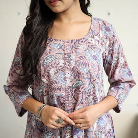Purple Block Print Cotton A-Line Sanganeri Kurta for Women