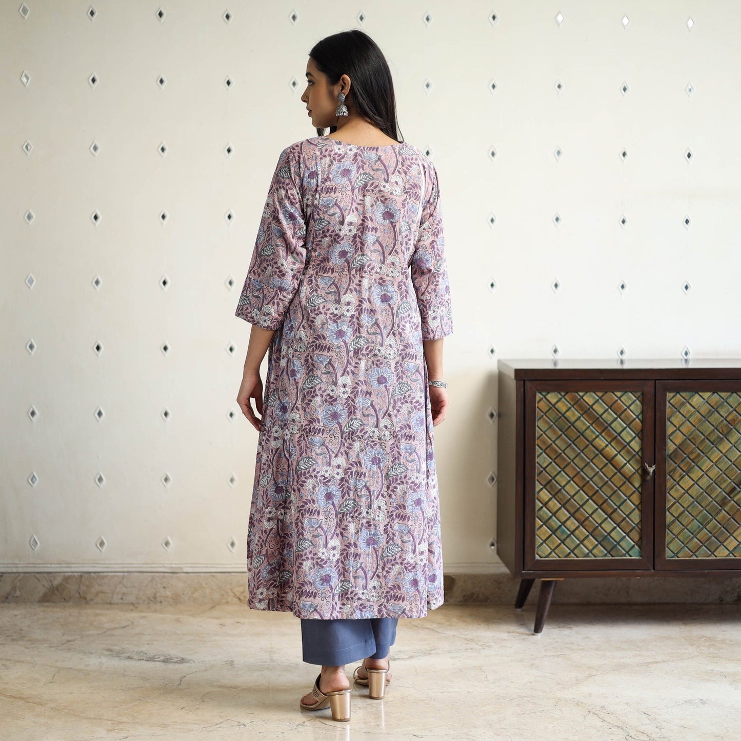 Purple Block Print Cotton A-Line Sanganeri Kurta for Women