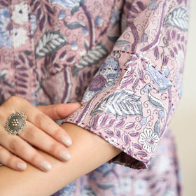 Purple Block Print Cotton A-Line Sanganeri Kurta for Women