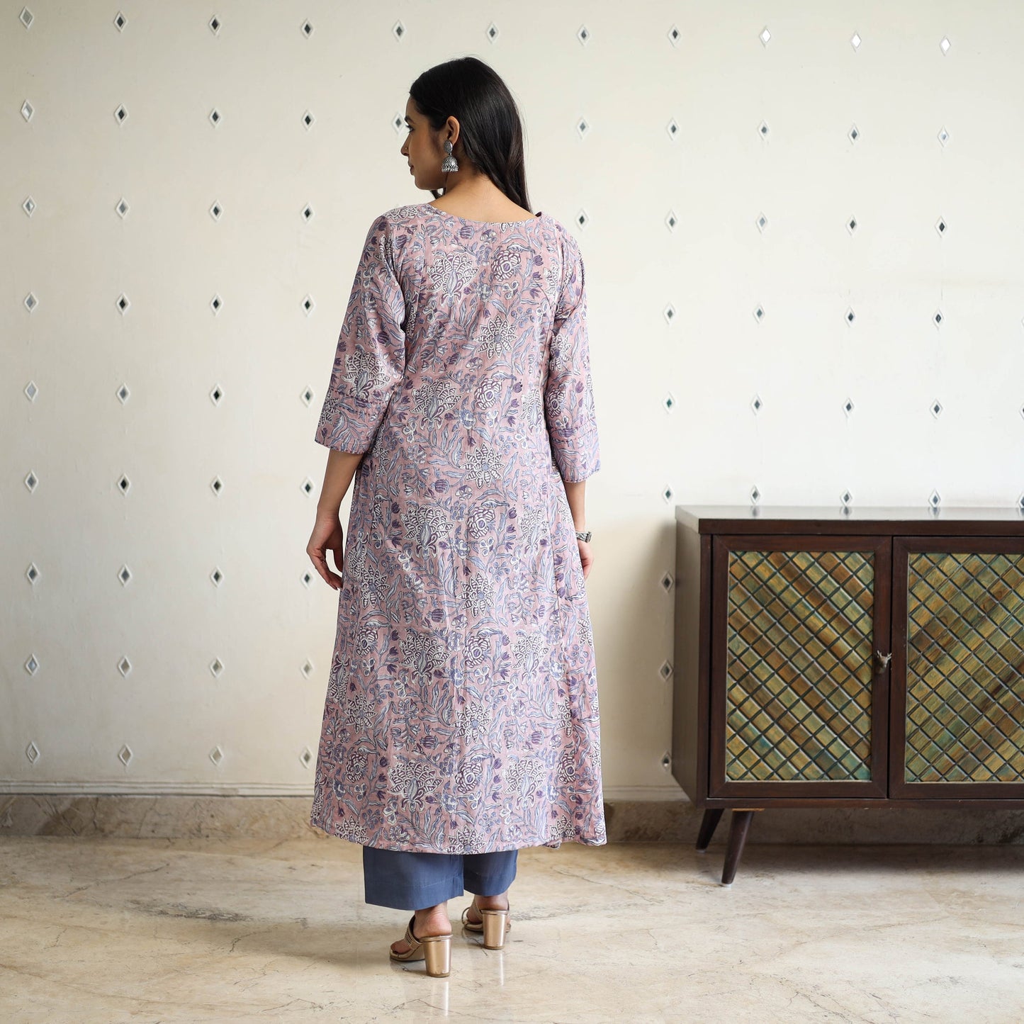 Purple Block Print Cotton A-Line Sanganeri Kurta for Women