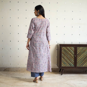 Purple Block Print Cotton A-Line Sanganeri Kurta for Women