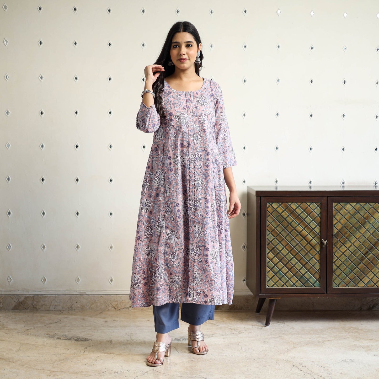 Purple Block Print Cotton A-Line Sanganeri Kurta for Women