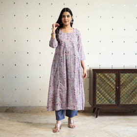 Purple Block Print Cotton A-Line Sanganeri Kurta for Women