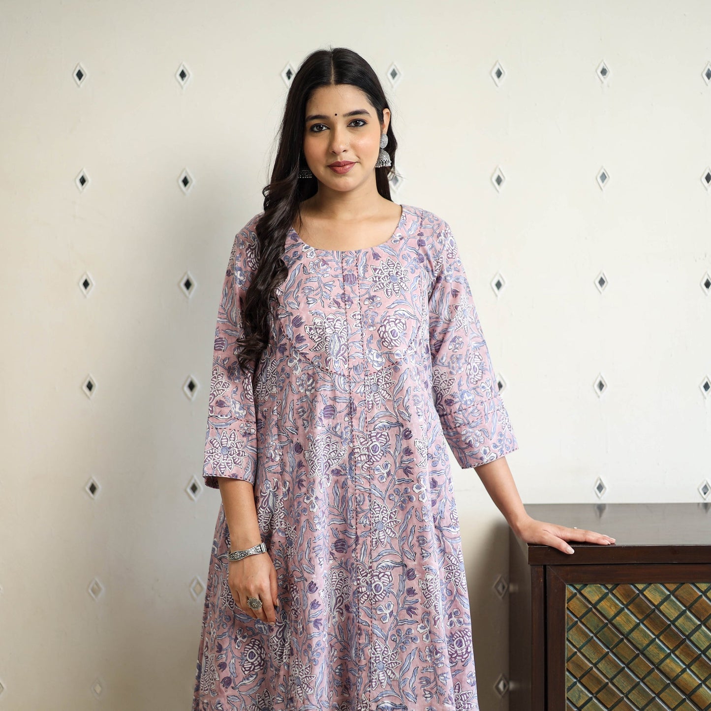 Purple Block Print Cotton A-Line Sanganeri Kurta for Women