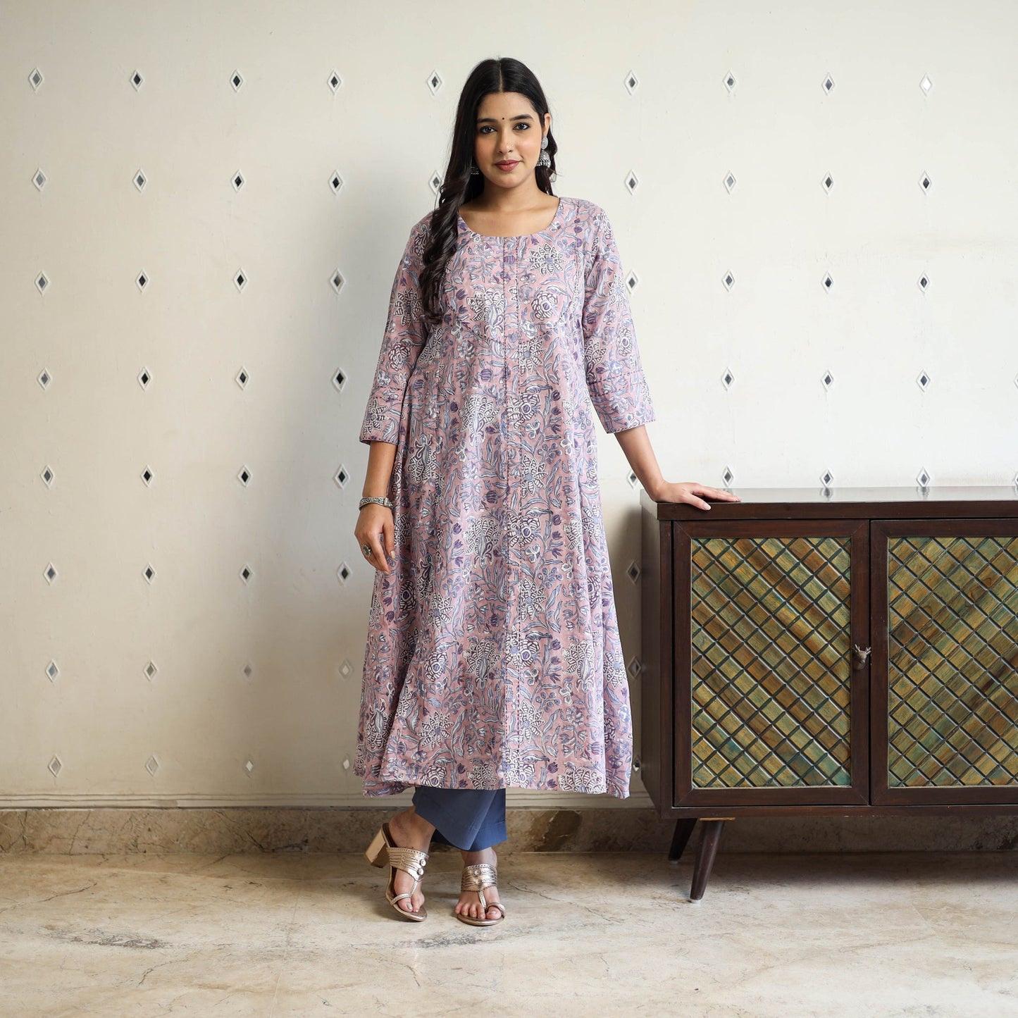 Purple Block Print Cotton A-Line Sanganeri Kurta for Women