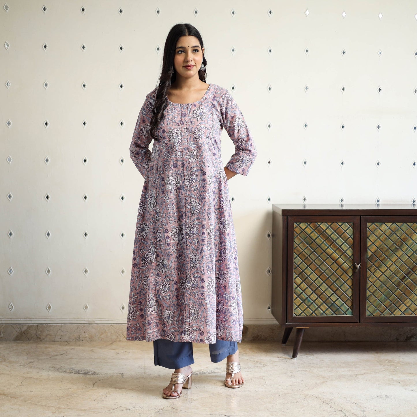 Purple Block Print Cotton A-Line Sanganeri Kurta for Women