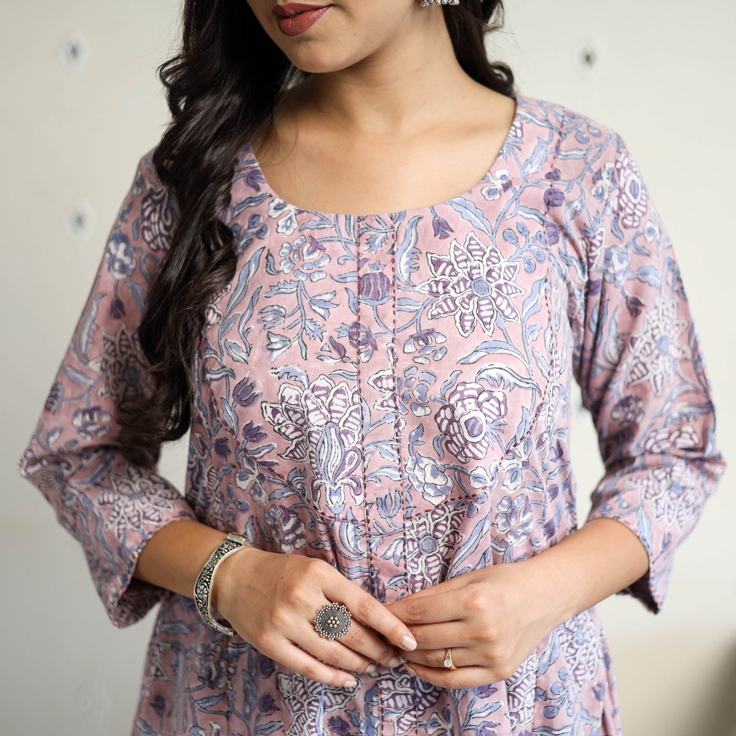 Purple Block Print Cotton A-Line Sanganeri Kurta for Women