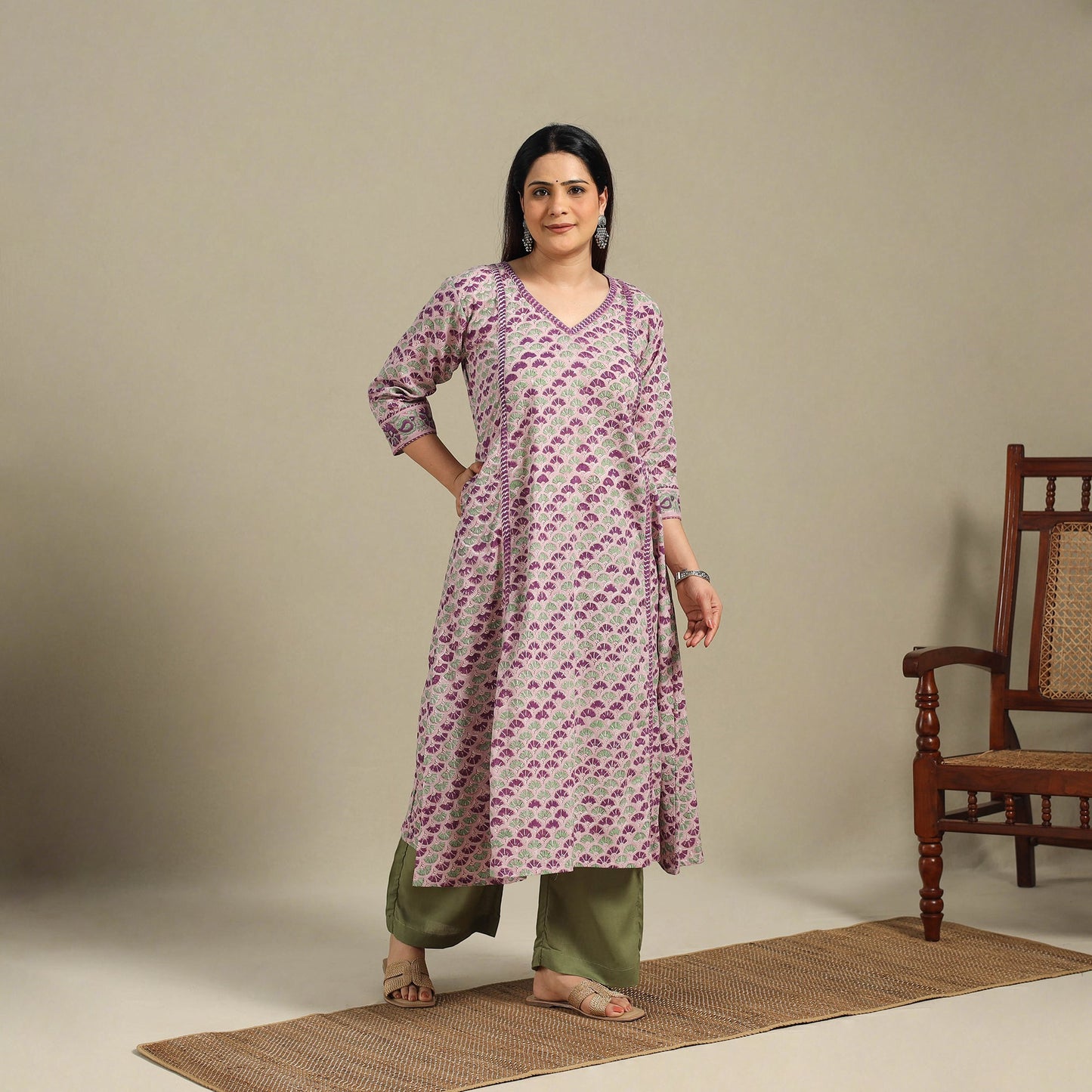 Purple - cotton a-line sanganeri kurta 14 - handcrafted