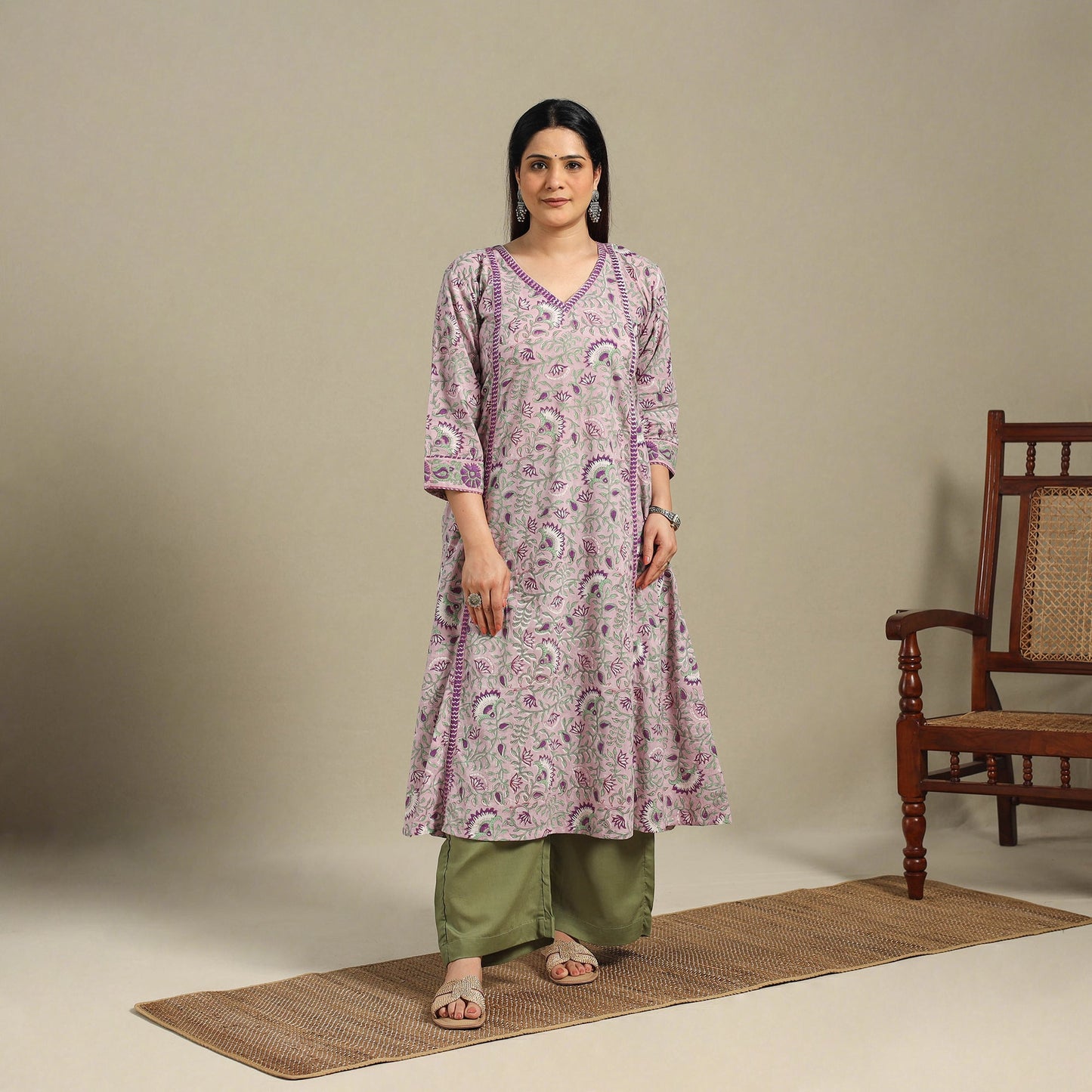 Purple - cotton a-line sanganeri kurta 15 - handcrafted