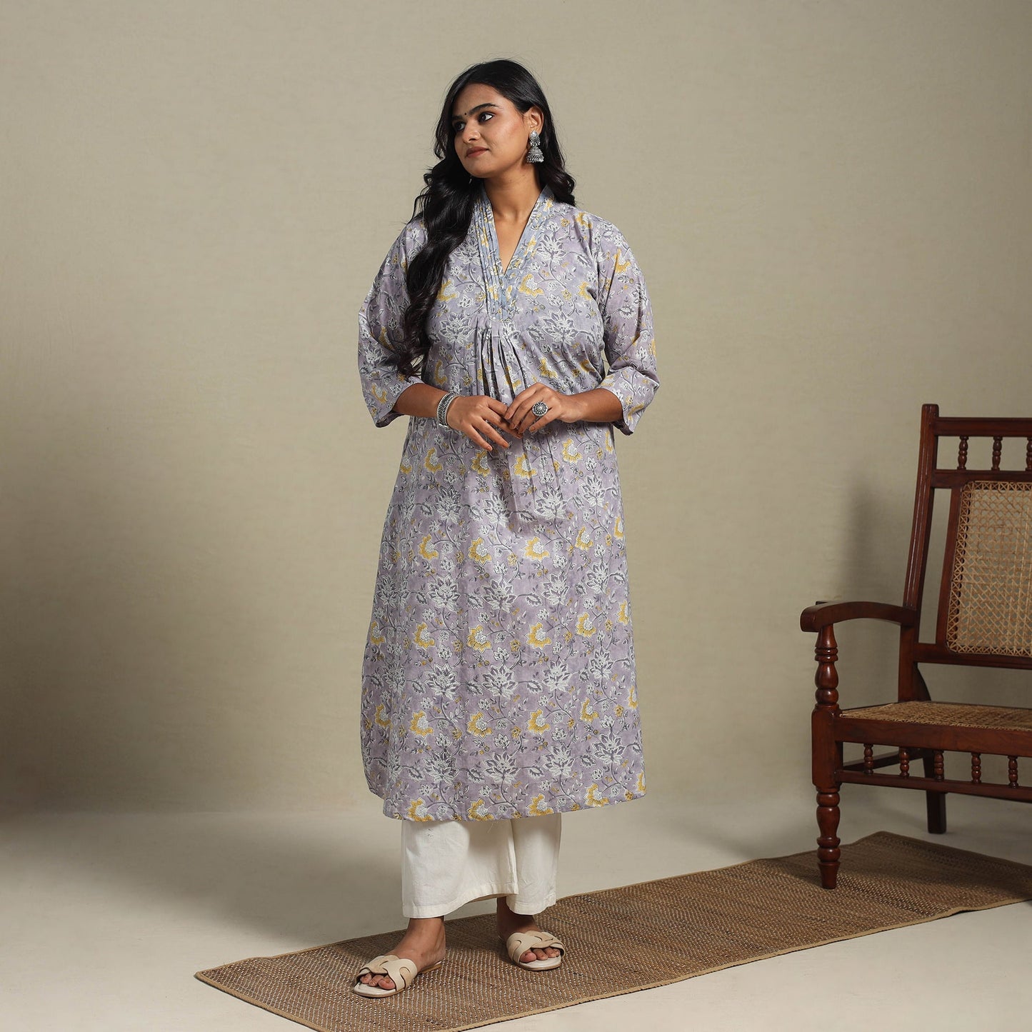 Purple Block Print Cotton A-Line Sanganeri Kurta