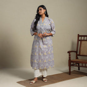 Purple Block Print Cotton A-Line Sanganeri Kurta