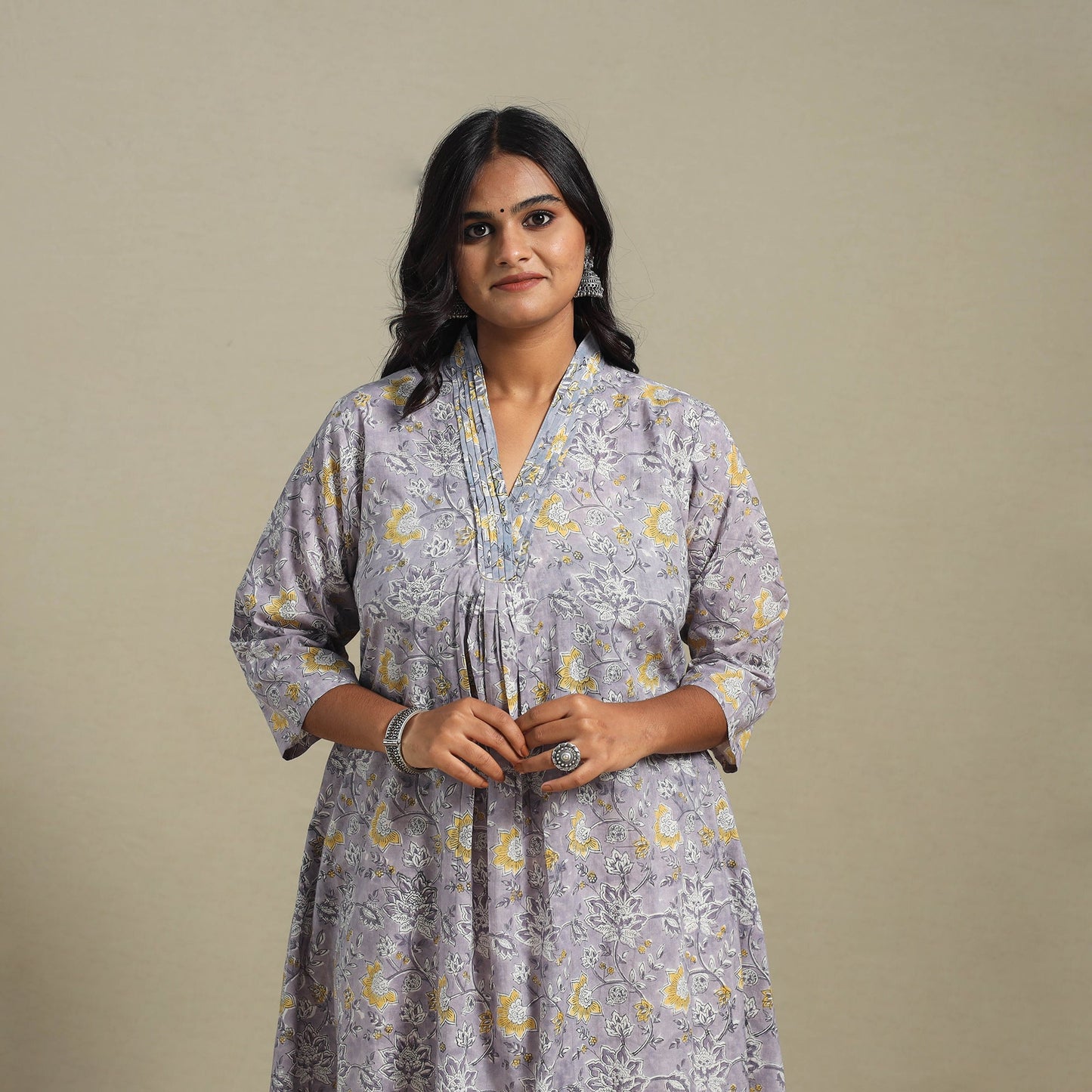 Purple Block Print Cotton A-Line Sanganeri Kurta