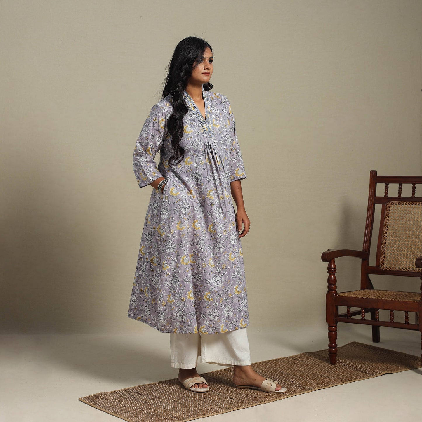 Purple Block Print Cotton A-Line Sanganeri Kurta