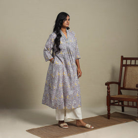Purple Block Print Cotton A-Line Sanganeri Kurta