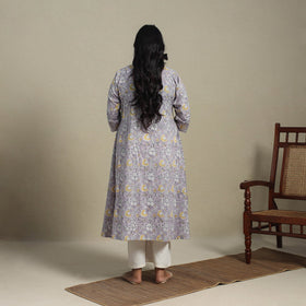 Purple Block Print Cotton A-Line Sanganeri Kurta
