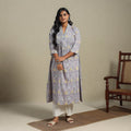 Purple Block Print Cotton A-Line Sanganeri Kurta