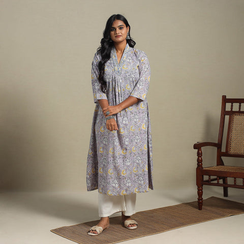 Purple Block Print Cotton A-Line Sanganeri Kurta