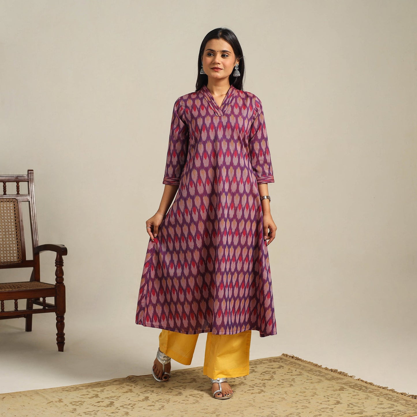 Purple Cotton Pochampally Ikat Kurta Set (Set of 2)
