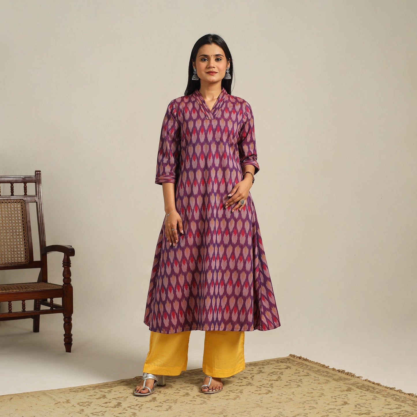 Purple Cotton Pochampally Ikat Kurta Set (Set of 2)